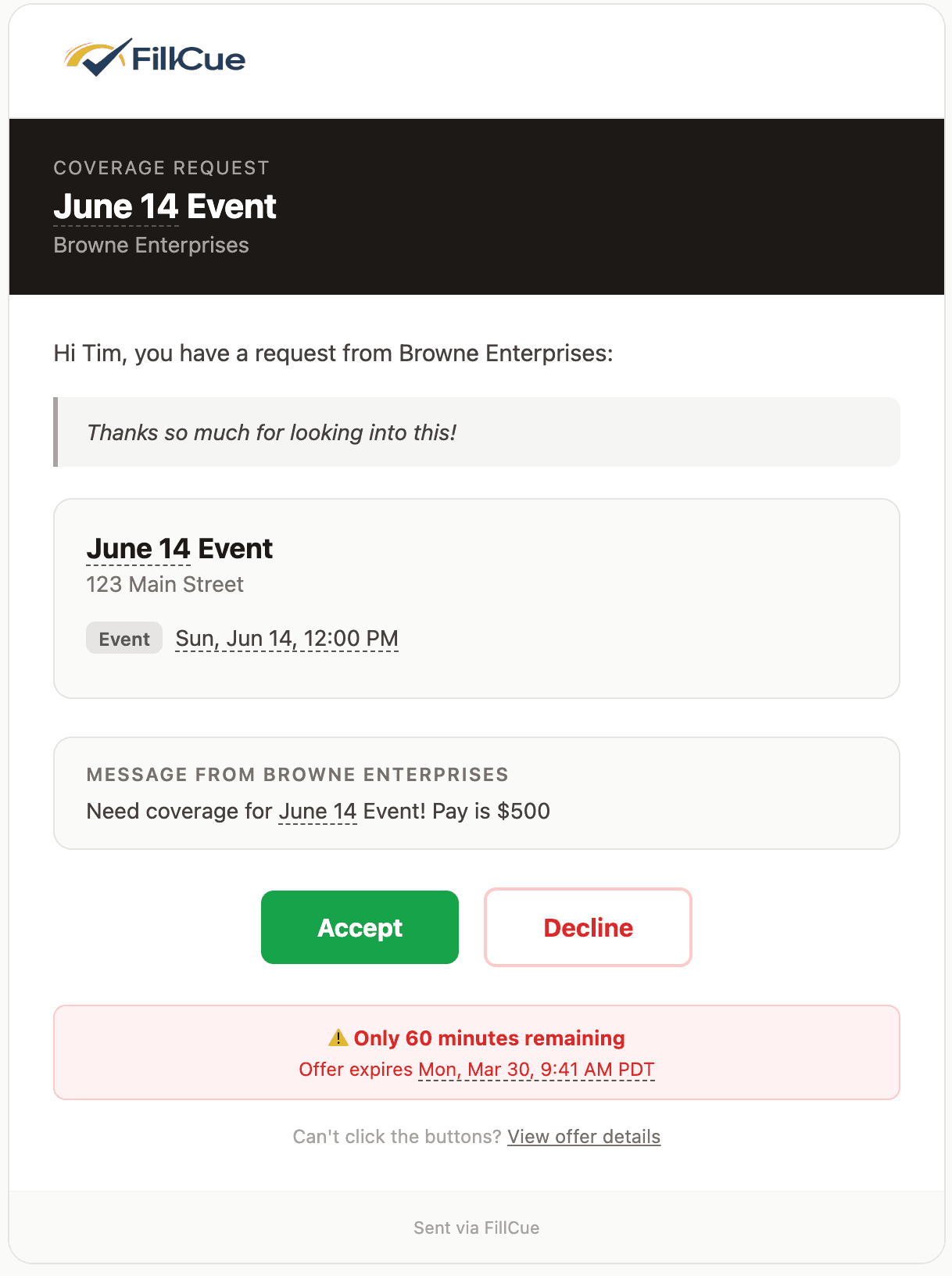 Email offer showing job details with Accept and Decline buttons