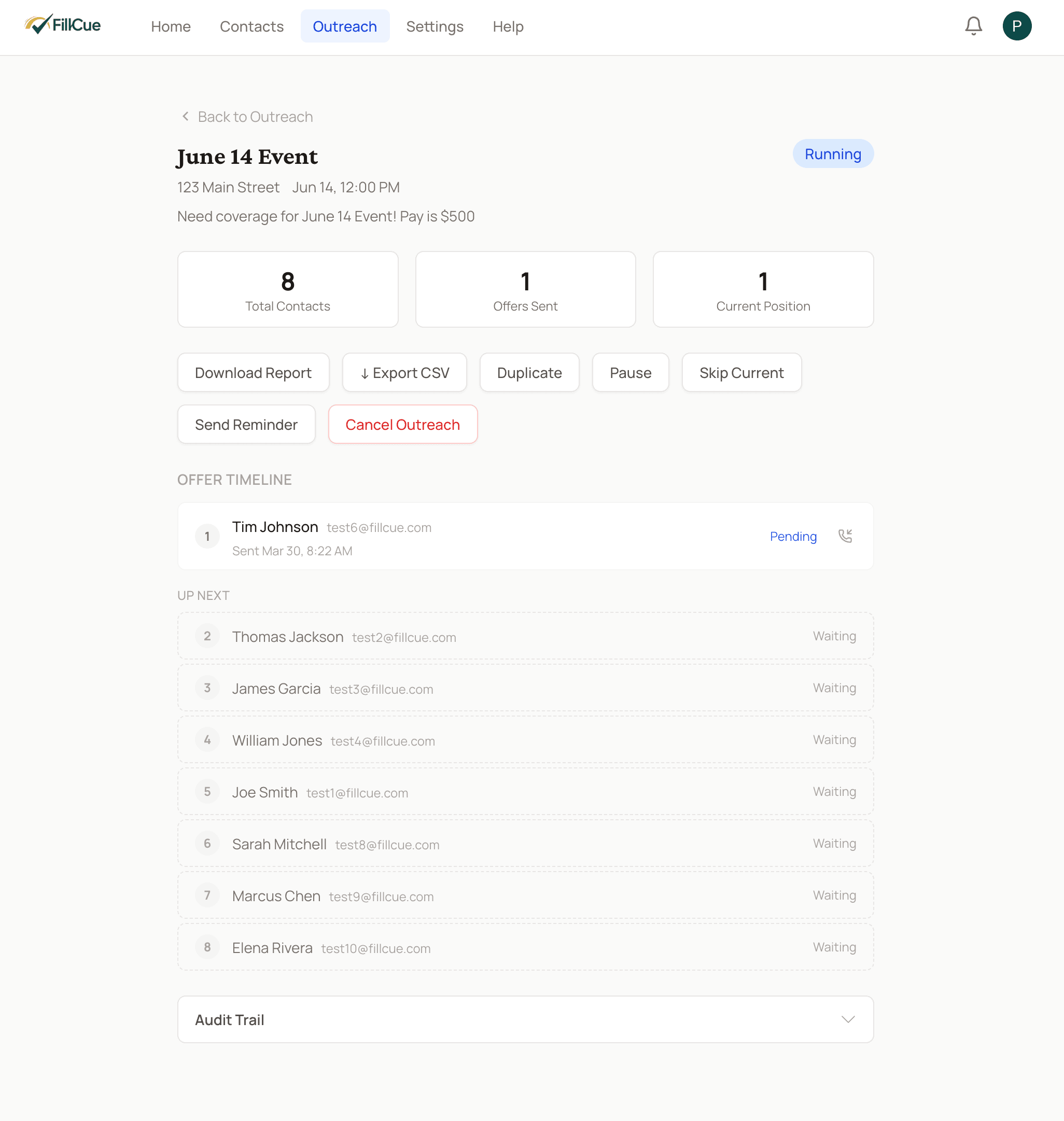 FillCue live cascade showing reporters being contacted in priority order with real-time status