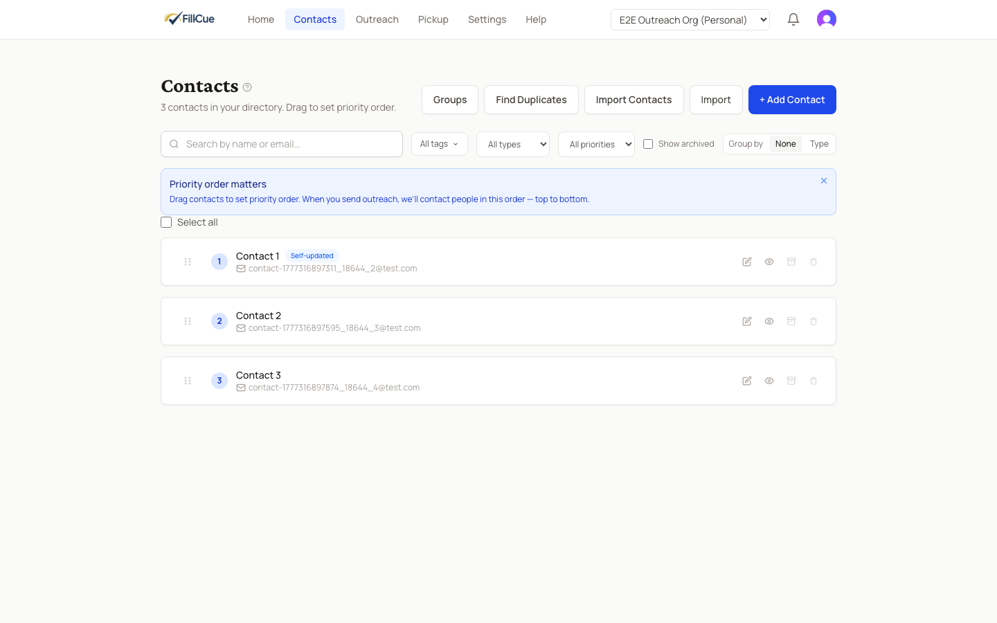 The Contacts page, showing a roster of contact cards in priority order.
