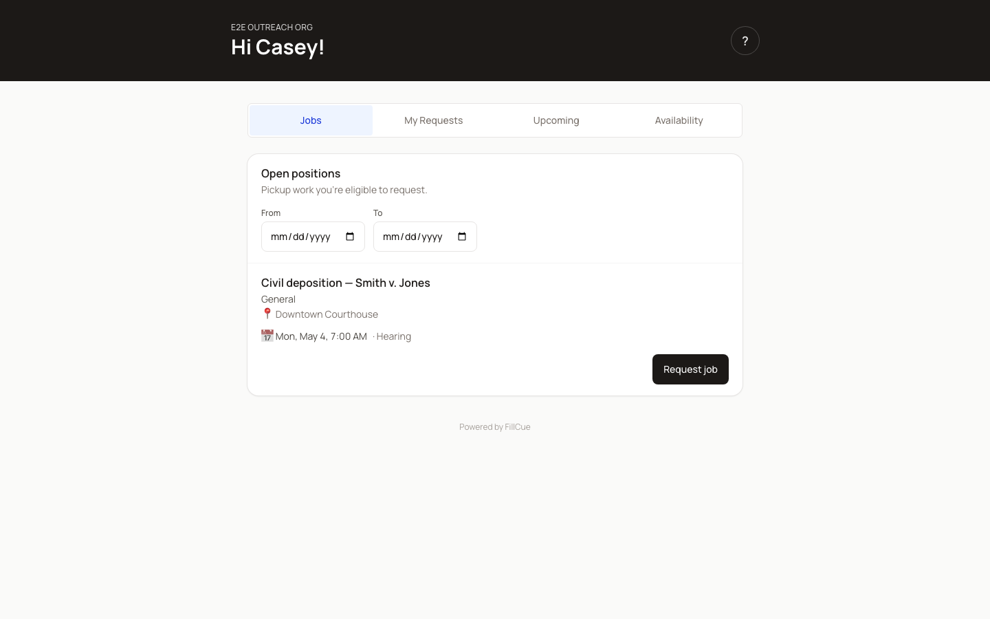 The portal hub greeting the contact by name with four tabs: Jobs, My Requests, Upcoming, Availability.